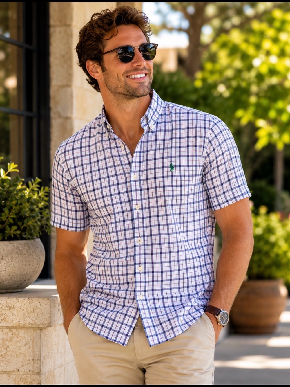 Polo by Ralph Lauren White and Navy Plaid Short-Sleeve Button-Down